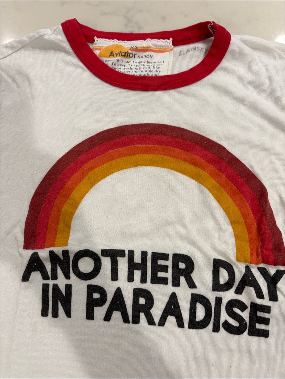 Aviator Nation White Kids Tee with Red Trim and Retro Rainbow Graphic